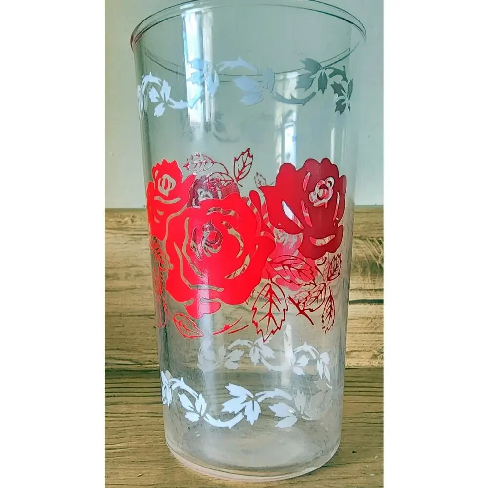 Vintage Red Rose 8 oz Drinking Glass 4 3/4
